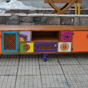 Colorful TV Stand & Media Unit, Solid Pine Wood TV Cabinet,  Durable Media Console with 4 Drawers, Retro Rustic Furniture, Newlywed Gift
