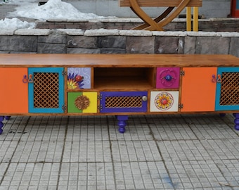 Colorful TV Stand & Media Unit, Solid Pine Wood TV Cabinet,  Durable Media Console with 4 Drawers, Retro Rustic Furniture, Newlywed Gift