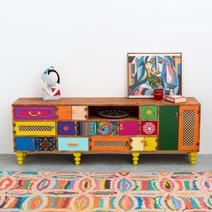Colorful Hand Painted and Handmade Solid TV Cabinet