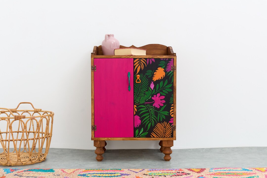 Colorful Leaf Patterned Cabinet by Solid Pine Wood, Bohemian Style ...
