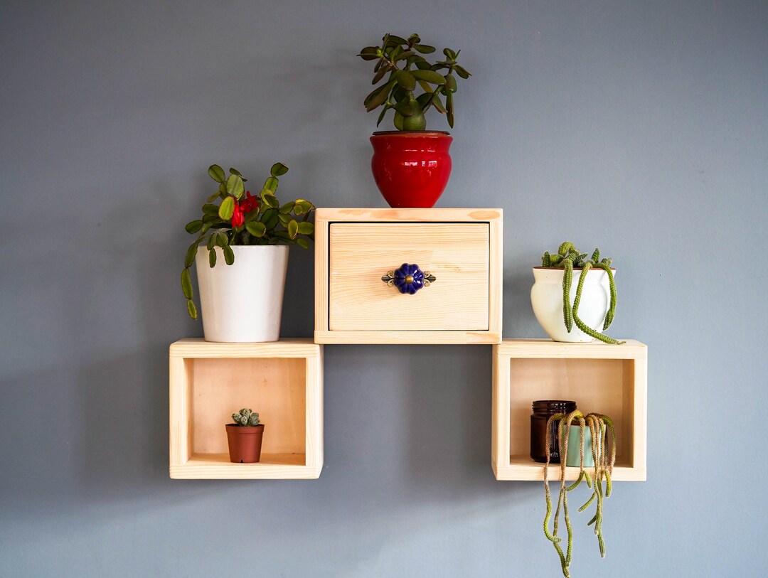 Set of 3 Square Wall Shelves With Only One Drawer, Chance to Hang as