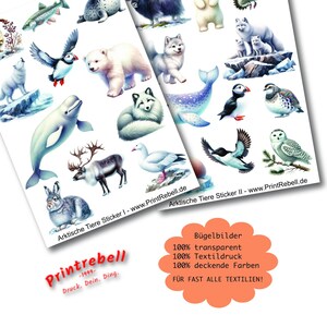 Könnte beinhalten: Zwei Bögen mit Arktis-Tieraufklebern mit Illustrationen von Eisbären, Polarfuchs und Papageientauchern. Die Aufkleber sind transparent und für Textilien geeignet. Der Text "Printrebell" und "Arktische Tiere Sticker" sind sichtbar.