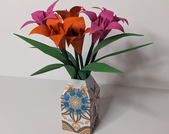 Origami Lily Flower Bouquet with Vase (6 flowers in 2 colors) Pink and Orange