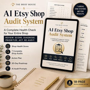 May include: A digital business system titled AI Etsy Shop Audit System displayed on a tablet screen, accompanied by printed documents outlining a 7-area health check, a 30-day roadmap, and an action plan, alongside a notebook and a coffee mug.