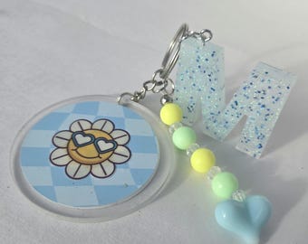 Circle keychain- blue checkered sunshine