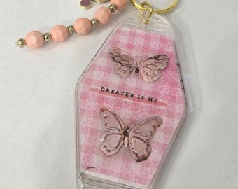 Motel Keychain-HE IS GREATER- girly pink