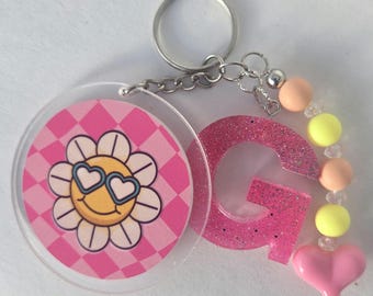 Circle Keychain- pink checkered sunshine