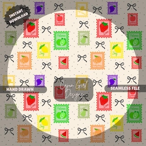 May include: A seamless digital file featuring postage stamp designs with fruits and words like "Love" and "Patience". The stamps are framed with black borders and bows, set against a dotted background. The words "Instant Download", "Hand Drawn", and "Seamless File" are also visible.