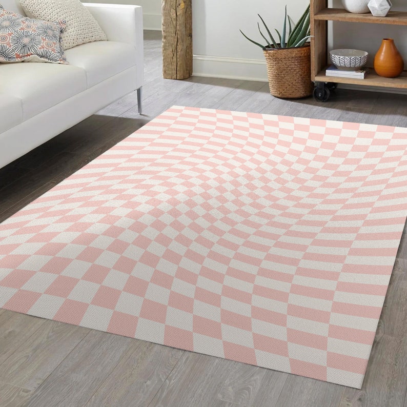 Pink Checkered Rug Cute Pastel Rugs for Bedroom Aesthetic Etsy