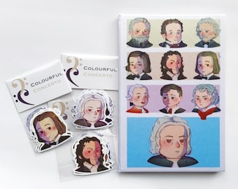 1 cuaderno + 3 paquetes de pegatinas / Ilustración de compositor clásico / Chopin, Beethoven, Mozart, Bach / Regalo para músicos y profesores de música