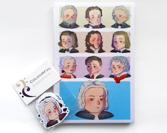 1 cuaderno + 1 paquete de pegatinas / Ilustración de compositor clásico / Chopin, Beethoven, Mozart, Bach / Regalo para músicos y profesores de música