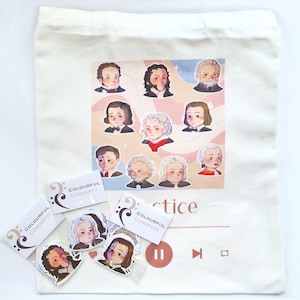 3 sticker packs + 1 tote bag set | Classical Composer Illustration | Chopin, Beethoven, Mozart, Bach | Gift for Musicians and Music teacher