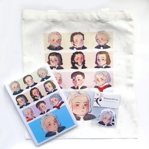 1 notebook + 1 sticker pack + 1 tote bag set | Classical Composer | Chopin, Beethoven, Mozart, Bach | Gift for Musicians and Music teacher