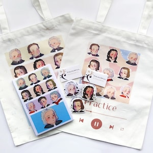 1 notebook + 3 sticker packs + 2 tote bag FULL set | Classical Composer | Beethoven, Mozart, Bach | Gift for Musicians and Music teacher