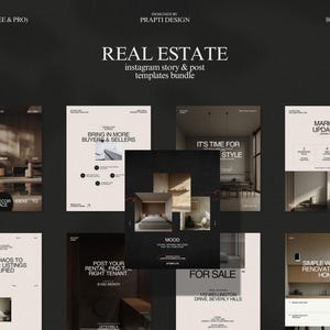 May include: A collection of Instagram story and post templates for real estate, designed by Prapti Design. The templates include various layouts with interior design themes, text overlays, and the Canva logo. The bundle includes over 80 templates.