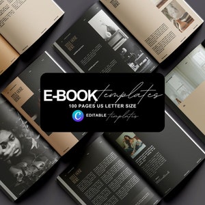 Może przedstawiać: Zbiór czarno-brązowych szablonów e-booków z tekstem "E-BOOK Templates 100 Pages US Letter Size Editable Templates" w białym polu.
