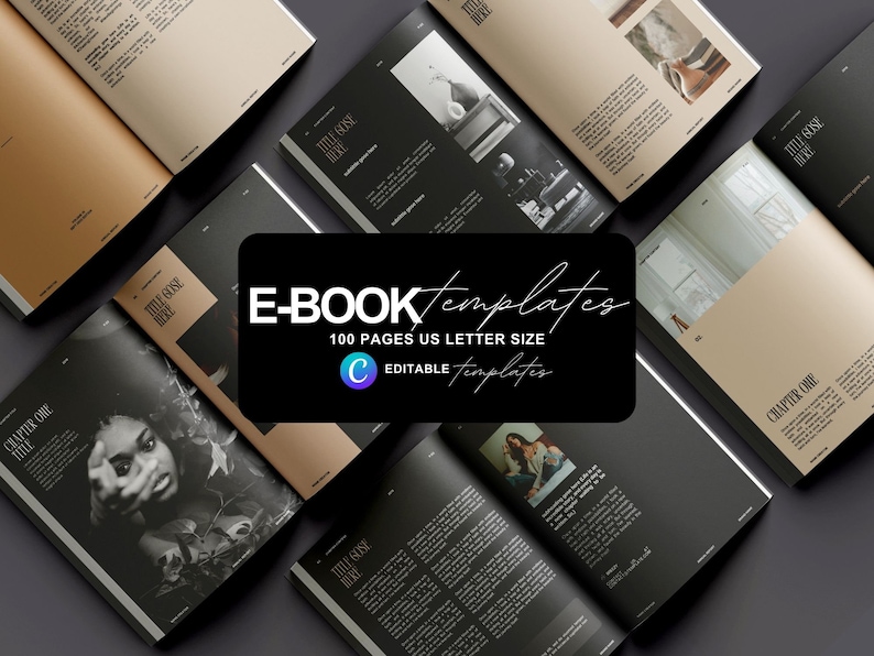 May include: A collection of black and brown e-book templates with the text "E-BOOK Templates 100 Pages US Letter Size Editable Templates" in a white box.