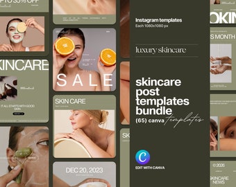 65 Skincare Instagram Post Templates: Editable Beauty Social Media (Digital Download)