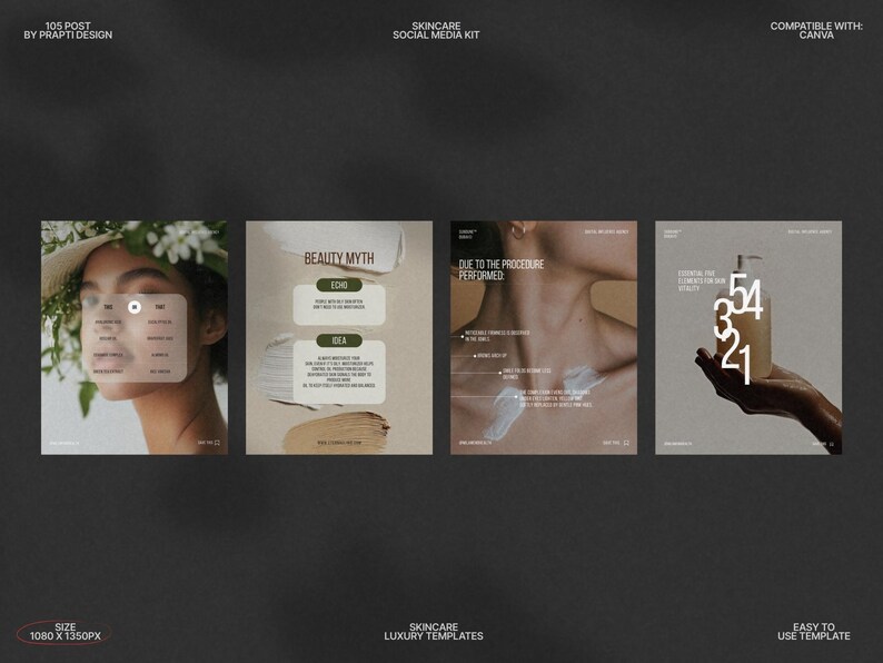 This Skincare Instagram Post Bundle Kit features a collection of fully editable Canva templates designed with a minimalist aesthetic in a soothing Forest Retreat color palette, perfect for skincare brands, beauty influencers, and salons to effortlessly create beautiful posts showcasing products, tutorials, seasonal promotions, and client testimonials for cohesive social media marketing.