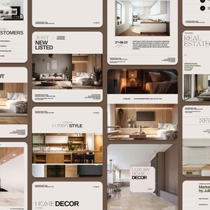 May include: A collection of Instagram story templates for real estate agents. The templates feature images of modern homes with minimalist decor and text overlays such as "Just Listed", "Sold Out", "Luxury Style", "Home Decor", "Real Estate Quiz", and "New Listing".