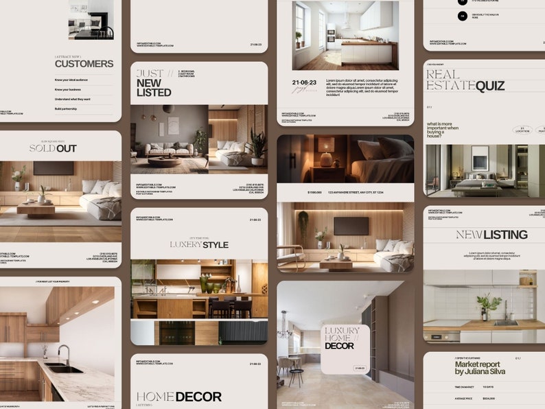 May include: A collection of Instagram story templates for real estate agents. The templates feature images of modern homes with minimalist decor and text overlays such as "Just Listed", "Sold Out", "Luxury Style", "Home Decor", "Real Estate Quiz", and "New Listing".