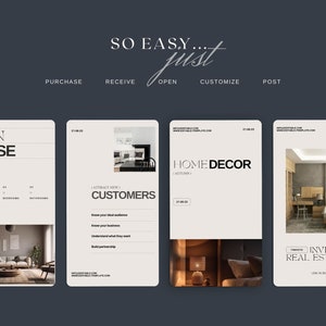 May include: Four Instagram story templates for real estate agents. The templates feature images of modern home interiors and text that says "Open House", "Attract New Customers", "Home Decor", and "Invest in Real Estates".