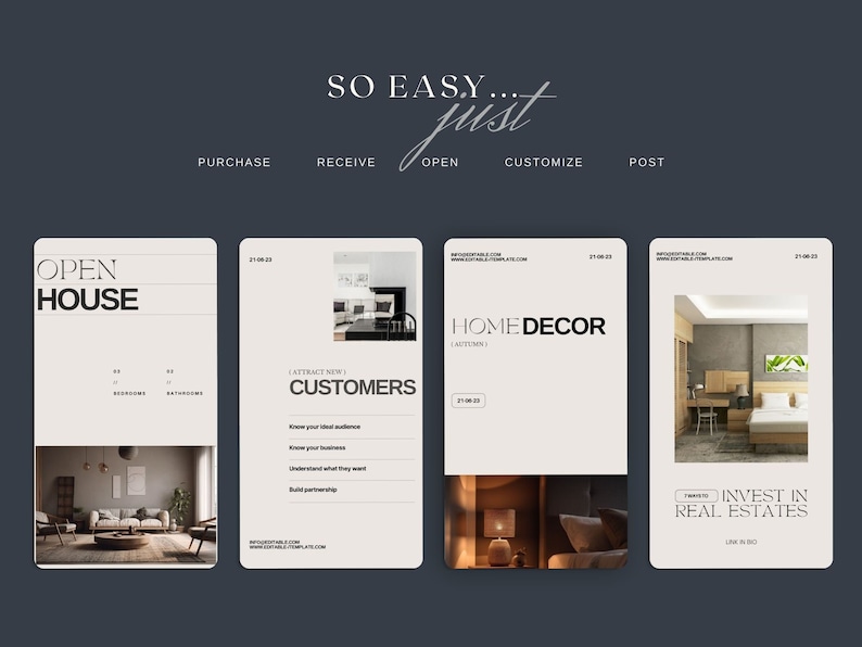 May include: Four Instagram story templates for real estate agents. The templates feature images of modern home interiors and text that says "Open House", "Attract New Customers", "Home Decor", and "Invest in Real Estates".