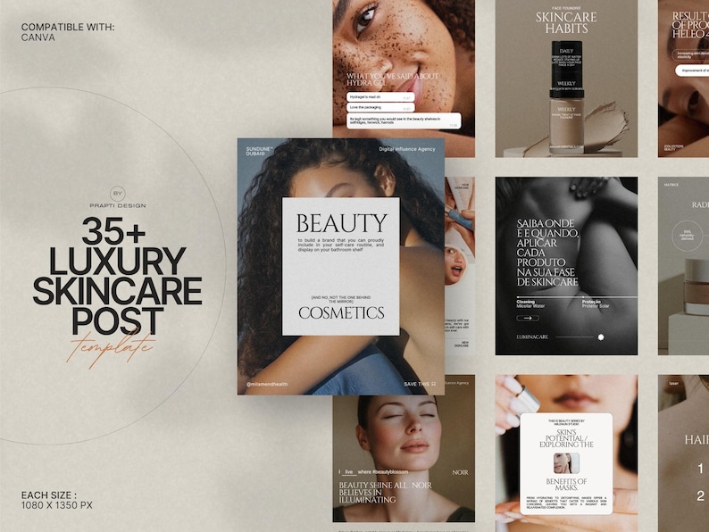 This Skincare InstaPost Pack features minimalist aesthetic templates in an Urban Sunset color palette, designed for skincare brands and beauty influencers to effortlessly create cohesive Instagram posts that showcase products, tutorials, and client testimonials; with fully editable Canva templates and simple drag-and-drop editing, no design skills are required for stunning skincare marketing content.