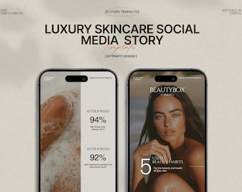 Plantillas de historias de Instagram sobre cuidado de la piel / 35 diseños editables de Canva / Paquete de estética minimalista para marcas de belleza e influencers / Atardecer urbano