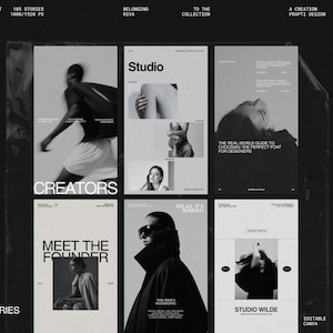 May include: A black and white social media kit design with six panels. The panels feature images of people, text, and the words "CREATORS", "Studio", "MEET THE FOUNDER", and "STUDIO WILDE". The kit is editable in Canva.