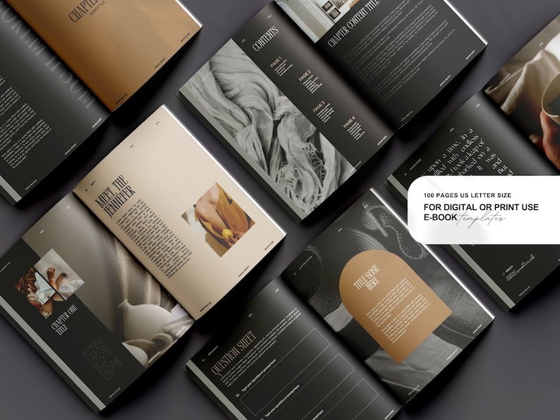May include: A mockup of an e-book template with a black and white background and a brown title bar. The text on the title bar reads "Meet the Jeniffer". The text on the page reads "Chapter One: Title" and "Question Sheet". The text on the bottom of the page reads "100 Pages US Letter Size for Digital or Print Use E-Book Templates".