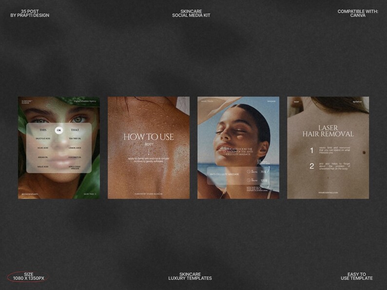 Transform your Instagram feed with this Skincare InstaPost Pack, featuring minimalist beauty post templates in an Urban Sunset color palette, designed specifically for skincare brands, beauty influencers, and salons; these fully editable Canva templates allow for effortless customization and cohesive marketing content, perfect for showcasing products, tutorials, and seasonal promotions while attracting your target audience.