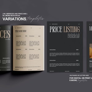 May include: A black and white mockup of a book with the title "Services" on the left page, "Title Goes Here" on the right page, and "Price Listing" on the next page. The book is open to show the interior pages. The book is on a gray background.