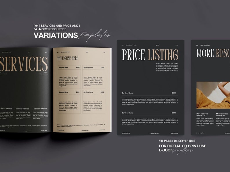 May include: A black and white mockup of a book with the title "Services" on the left page, "Title Goes Here" on the right page, and "Price Listing" on the next page. The book is open to show the interior pages. The book is on a gray background.