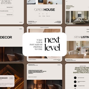 May include: A collection of social media templates for real estate, home decor, and interior design. The templates feature a minimalist aesthetic with a brown and beige color scheme. The text on the templates includes phrases like "Open House", "Home Decor", "Take Your Instagram Profile to the Next Level", "New Listing", and "What's the First Room You Run to When You're Inspecting a House?"