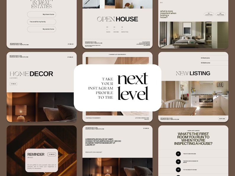 May include: A collection of social media templates for real estate, home decor, and interior design. The templates feature a minimalist aesthetic with a brown and beige color scheme. The text on the templates includes phrases like "Open House", "Home Decor", "Take Your Instagram Profile to the Next Level", "New Listing", and "What's the First Room You Run to When You're Inspecting a House?"
