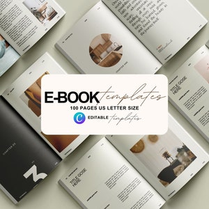 Könnte beinhalten: Ein Mockup einer E-Book-Vorlage mit dem Text "E-BOOK Templates 100 Pages US Letter Size Editable Templates" und dem Buchstaben "C" in einem Kreis. Das Mockup zeigt mehrere Seiten der E-Book-Vorlage mit verschiedenen Bildern und Text.