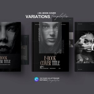 May include: Three black and white e-book cover templates with a modern design. The covers feature a woman's face, a woman's hand reaching out, and the text "E-BOOK COVER TITLE 2025".