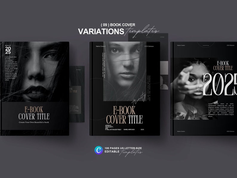 May include: Three black and white e-book cover templates with a modern design. The covers feature a woman's face, a woman's hand reaching out, and the text "E-BOOK COVER TITLE 2025".