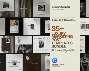 May include: A collection of Instagram post templates with a luxury theme. The templates feature a minimalist design with neutral colors and stylish imagery. Text includes "Luxury Marketing Post Templates Bundle" and "Edit with Canva".