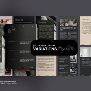 May include: A set of 23 chapter content templates for creating a book or magazine. The templates feature a black and white color scheme with a modern and minimalist design. The text "(23) Chapter Content Variations Templates" is displayed in a white font on a black background.