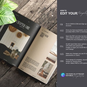 May include: A close-up of an open magazine with a black and white cover featuring the text "Chapter One" and "Subtitle". The magazine is lying on a wooden surface with a green plant in the background. The text "HOW TO EDIT YOUR Templates" is visible on the right side of the image.