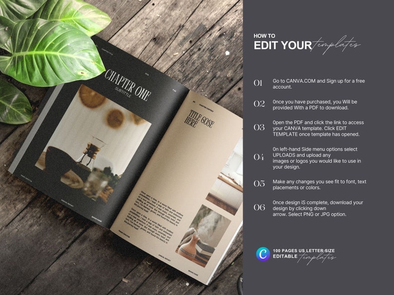 May include: A close-up of an open magazine with a black and white cover featuring the text "Chapter One" and "Subtitle". The magazine is lying on a wooden surface with a green plant in the background. The text "HOW TO EDIT YOUR Templates" is visible on the right side of the image.