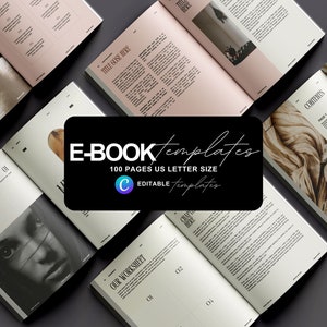 Op de afbeelding: Een mockup van een e-book sjabloon met 100 pagina's in US letter formaat. Het sjabloon is bewerkbaar en heeft een minimalistisch ontwerp met een zwart-wit kleurenschema. De tekst "E-BOOK Templates" wordt weergegeven in een groot lettertype.