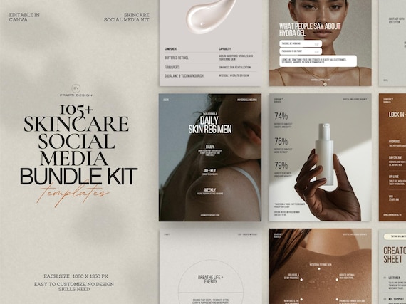 Skincare Instagram Post Bundle Kit | 105 Editable Canva Templates for Minimalist Beauty Marketing, Skincare Brands | Social Media Engagement