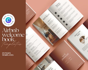 May include: A set of 25 printable Airbnb welcome book templates in a minimalist style with a brown and white color scheme. The templates include pages for services, check-in and check-out instructions, wifi password, and meeting the host.