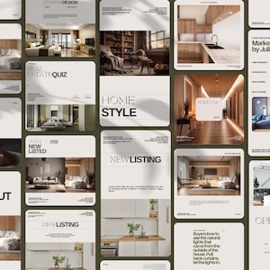 May include: A collage of images showcasing real estate listings. The images feature modern interior design, including kitchens, living rooms, and bedrooms. The text on the images includes phrases like "Sold Out", "New Listing", "Home Style", and "Open House".