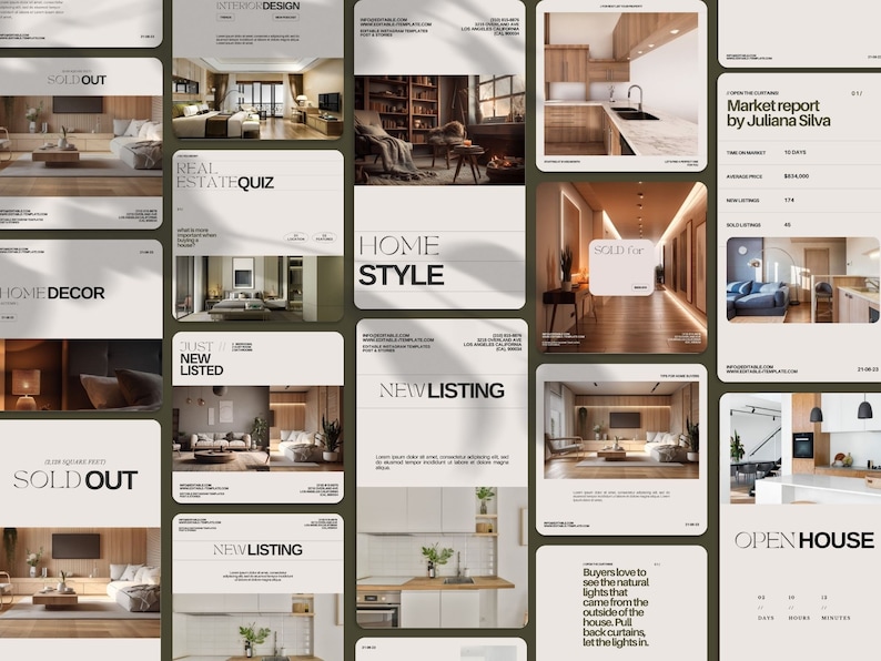 May include: A collage of images showcasing real estate listings. The images feature modern interior design, including kitchens, living rooms, and bedrooms. The text on the images includes phrases like "Sold Out", "New Listing", "Home Style", and "Open House".