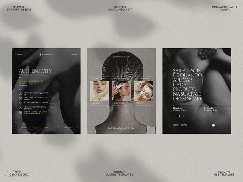 Transform your Instagram feed with this Skincare InstaPost Pack, featuring minimalist beauty post templates in an Urban Sunset color palette, designed specifically for skincare brands, beauty influencers, and salons; these fully editable Canva templates allow for effortless customization and cohesive marketing content, perfect for showcasing products, tutorials, and seasonal promotions while attracting your target audience.