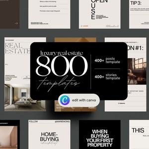 May include: A black and white graphic with the text "luxury real estate 800 templates" and a blue circle with the letter "C" inside. The text "edit with canva" is below the circle. The graphic is surrounded by images of real estate properties.